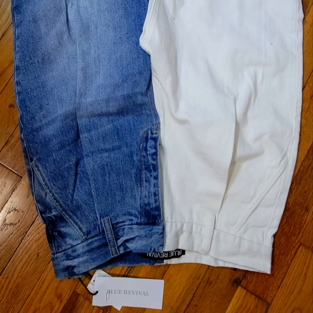 Brand new jeans blue and white legs.